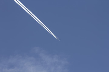 Plane flying high in the sky leaving a trail