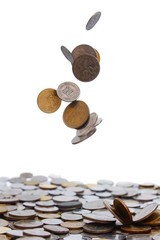 Coins Drop Over White Background