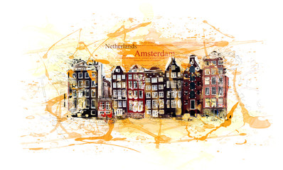 City of Amsterdam - Houses / Architecture - Illustration, Watercolors, Splash Style