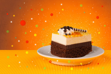 Sweet tasty cakes with colorful background and bokeh light