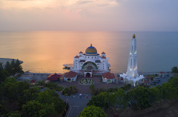 Fototapeta na wymiar Arial view of Majestic Malacca Straits Mosque during sunset.