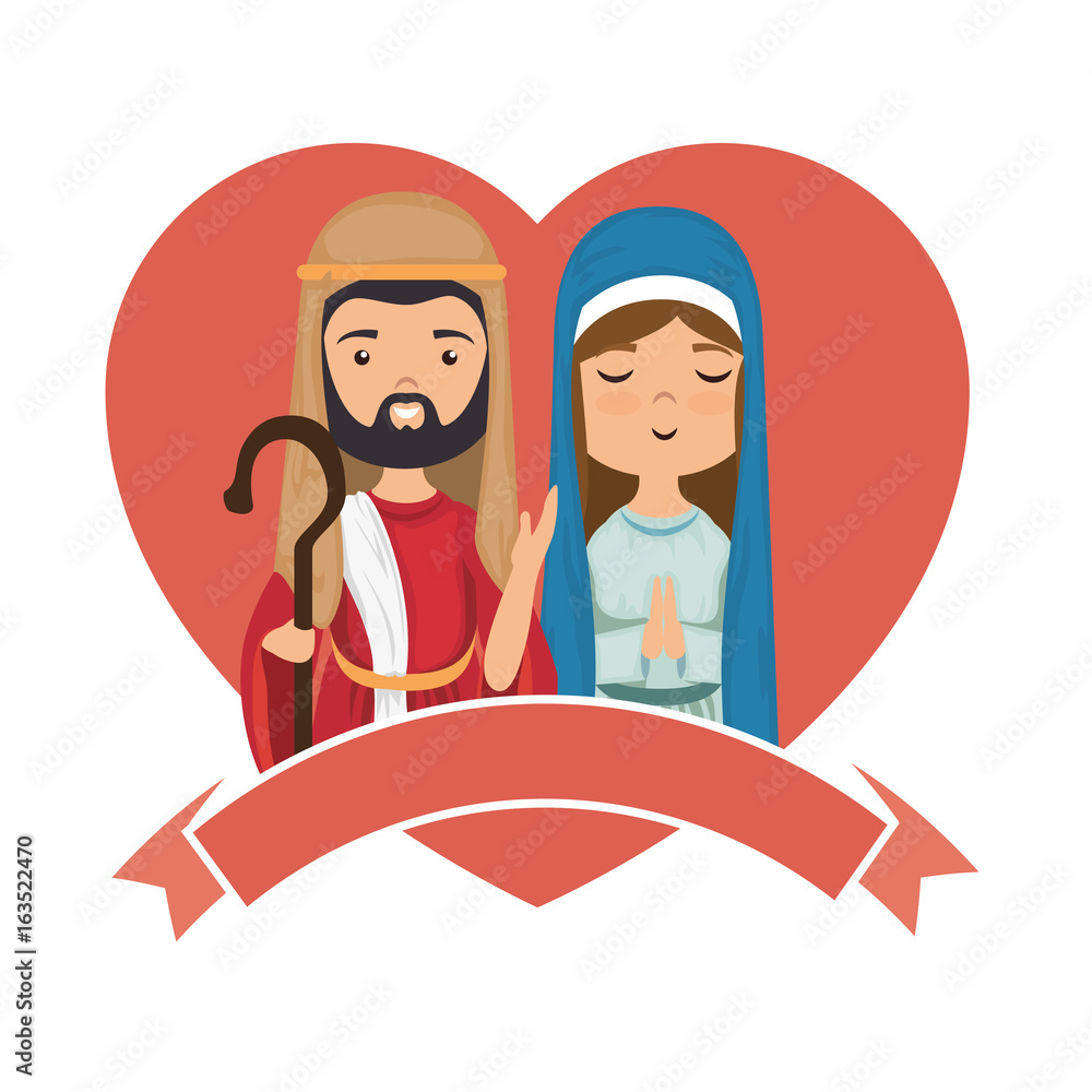 Wall mural heart with virgin mary and saint joseph icon over white background colorful design  vector illustration