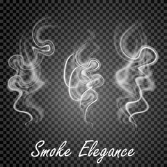 Delicate white set vector cigarette smoke on transparent background. Isolated smoke vector illustration.