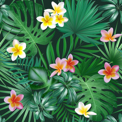 Obraz premium Seamless exotic pattern with tropical leaves and flowers on a dark background background. Realistic tropical plants seamless pattern. Vector illustration.