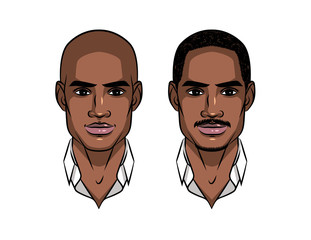 Portrait of two young attractive Afro american guys. Set of two types dark skin men with and without beard and mustache