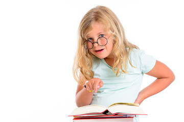 funny girl with pile of books and round glasses