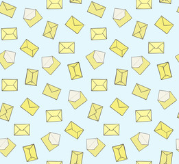Cute hand drawn closed and opened yellow envelopes on blue background seamless pattern. Post office mail texture for textile, wrapping paper, banners, covers, surface