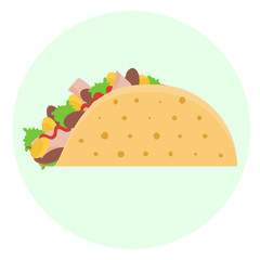 Flat vector delicious tacos with lettuce, chicken meet, corn and kidney bean in tortilla icon. Tasty cartoon colorful take away fastfood with meat and vegetables symbol