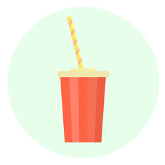 Flat red vector plastic cup with straw for beverages icon. Plastic glass for soda, cola, tea, coffee and other drink