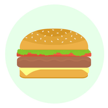 Flat vector delicious hamburger with patty-cake, tomato, lettuce and cheese icon. Tasty cartoon colorful take away fastfood symbol