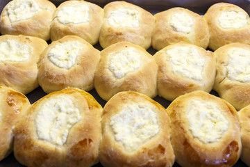 Round Russian scones with cottage cheese - vatrushka. Traditional Russian baking.