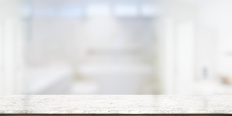Empty marble top table with blurred bath room interior Bckground. For products display montage.