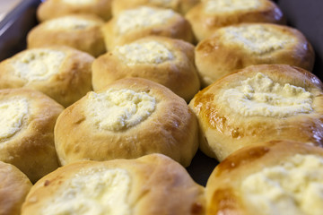 Round Russian scones with cottage cheese - vatrushka. Traditional Russian baking.
