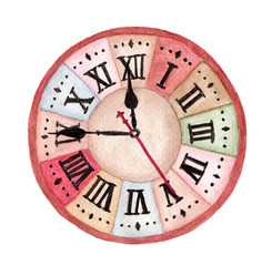 Hand painted watercolor vintage clock face isolated on white background, elegant roman numeral clock , classic round clock 