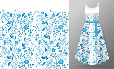 Flower embroidery on dress mock up. Fashion decoration patch realistic 3d vector illustration woman clothes. Traditional flower seamless border textile print vintage art