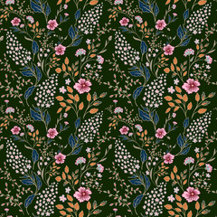 Vector seamless bright colorful gentle hand drawn little ditsy flower pattern. Bright floral allover print on black background
