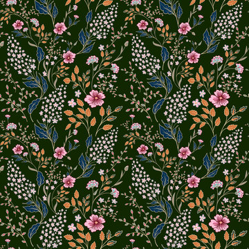 Vector seamless bright colorful gentle hand drawn little ditsy flower pattern. Bright floral allover print on black background