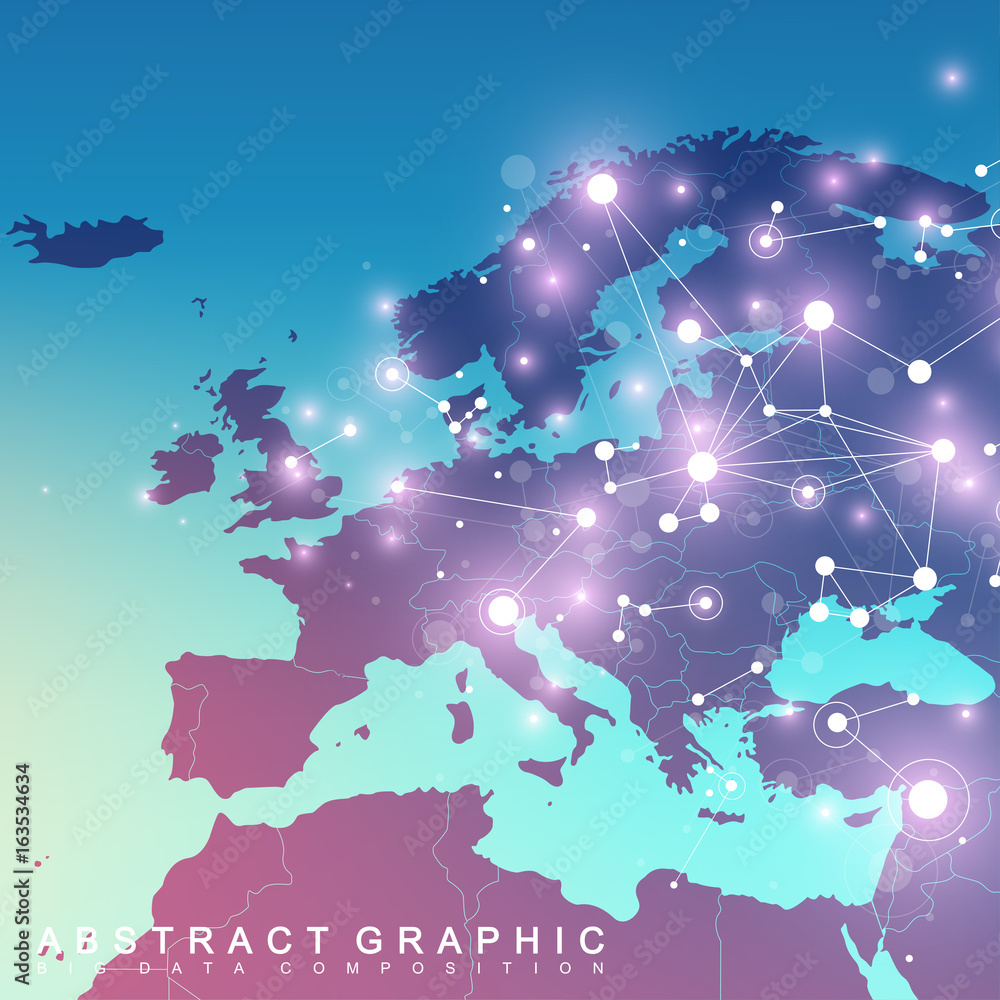 Poster Geometric graphic background communication with Europe Map. Big data complex with compounds. Perspective backdrop. Minimal array. Digital data visualization. Scientific cybernetic vector illustration.