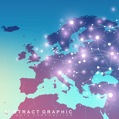 Geometric graphic background communication with Europe Map. Big data complex with compounds. Perspective backdrop. Minimal array. Digital data visualization. Scientific cybernetic vector illustration.