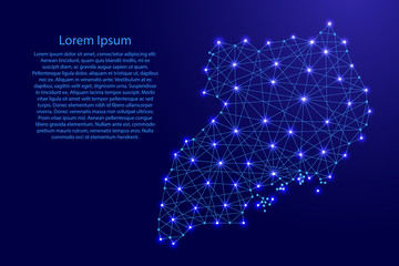 Map of Uganda from polygonal blue lines and glowing stars vector illustration