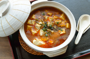 Mapo tofu is a popular Chinese dish from Sichuan province. It consists of tofu set in a spicy sauce, typically a thin, oily, and bright red suspension, along with minced  pork or beef.