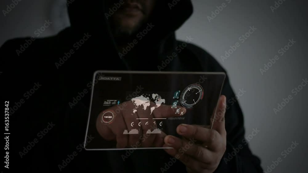 Poster hacker using clear glass tablet with code and hud head up display interface in dark tone and grain p