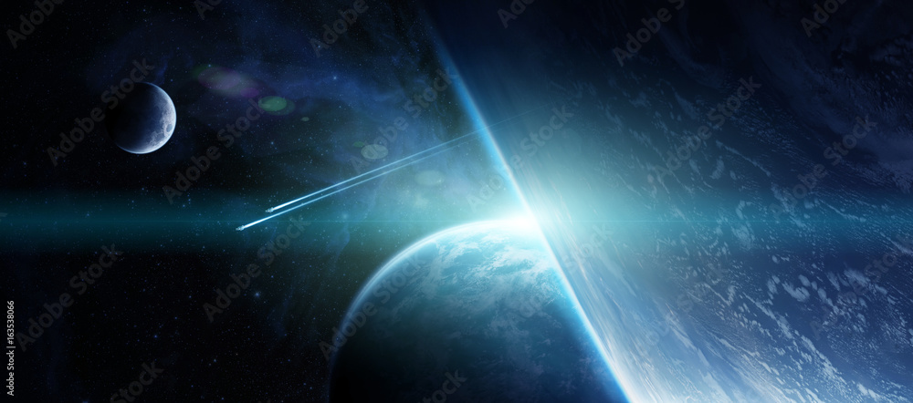 Poster Sunrise over distant planet system in space 3D rendering elements of this image furnished by NASA