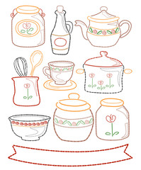 Obraz premium Stitch Kitchen Embroidered Elements Illustration
