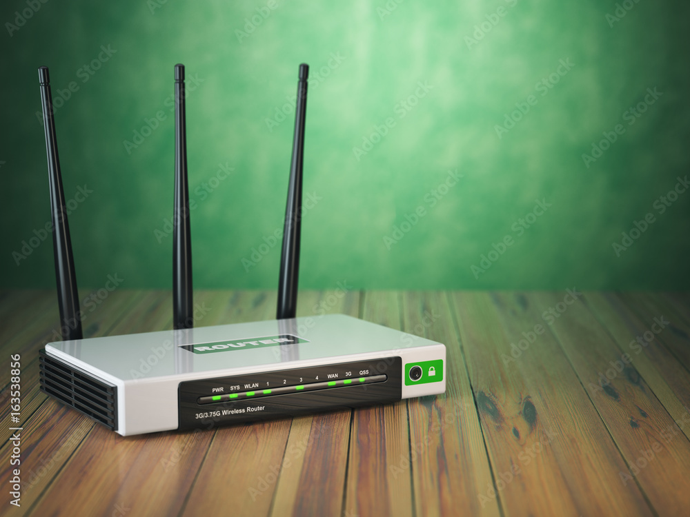 Poster wi-fi wireless internet router on the wooden table and green background.