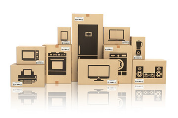 E-commerce, internet online shopping and delivery concept. Household kitchen appliances and home technics in boxes isolated on white.