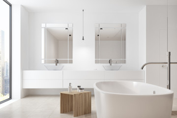 Fototapeta na wymiar White bathroom, tub, double sink