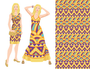 Vector illustration of blonde woman in dress with ethnic ornament. Young girls in expression pose isolated on white background. Pattern with ethnic ornament