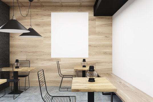Wooden and white cafe, vertical poster close up