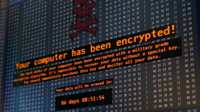 Petya cyber attack, warning message on computer screen, hackers encrypting data. Petya ransomware attack, data encryption, information theft, computer hacking
