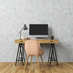 Concrete wall room, computer desk, beige