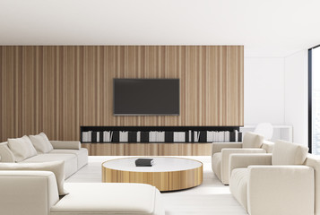 Wooden living room interior, beige sofa