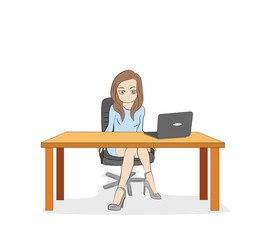 Business woman lady entrepreneur in a suit working on a laptop computer at her clean and sleek office desk. Flat style color modern vector illustration.