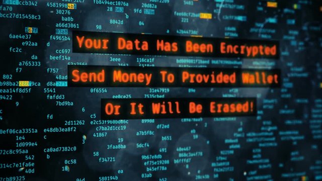 Hacking message demanding money on computer screen, data encryption, cyberattack. Petya ransomware attack, data encryption, information theft, computer hacking

