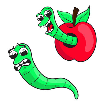 cartoon worm in an Apple, a frightened worm . character design, vector illustration.