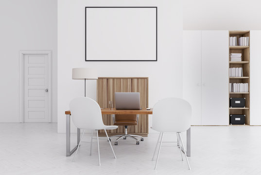White and wooden office, small poster