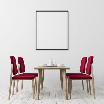 White floor dining room, red chairs