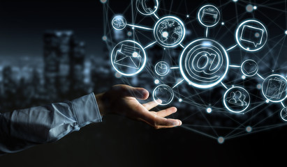 Businessman holding multimedia hand-drawn interface