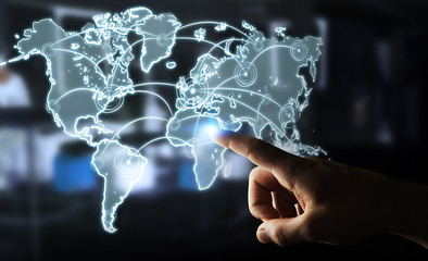 Businesswoman touching world connection sketch