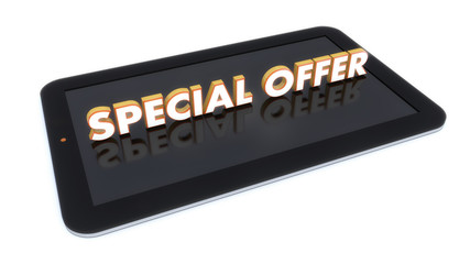 3d render. Tablet and special offer text