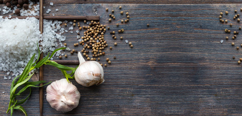 Set of spices to cook fish - white peppercorns, fresh green estragon herb, sea salt, garlic bulbs. Top view. On wooden table. Copy space.