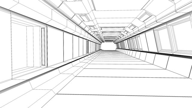 3d render. Futuristic interior corridor wireframe sketch