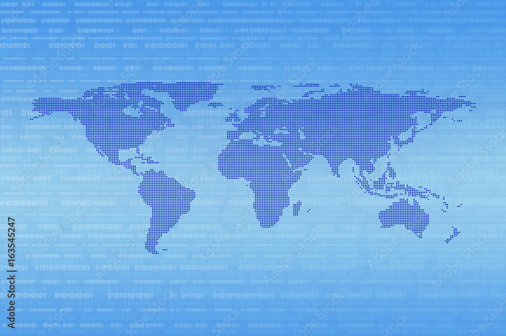 Aufkleber blue digital dot world map over binary code background, technology internet communication concept, e