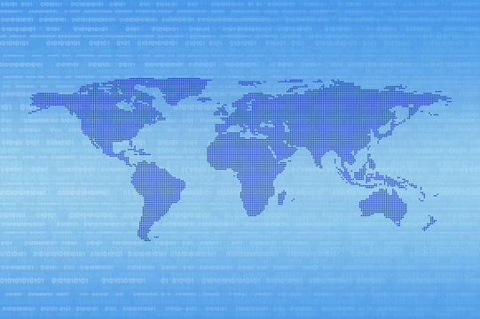 Blue digital dot world map over binary code background, Technology internet communication concept, Elements of this image furnished by NASA