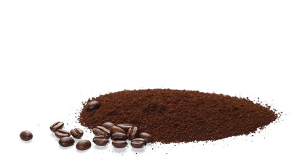 Pile of powdered, instant coffee and beans isolated on white background
