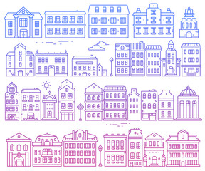 Big vector set of different urban structures. Illustration of color european detailed buildings on white background.